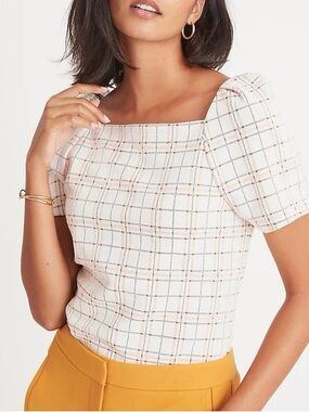 Ann Taylor Cream Plaid Square-Neck Puff Sleeve Top
